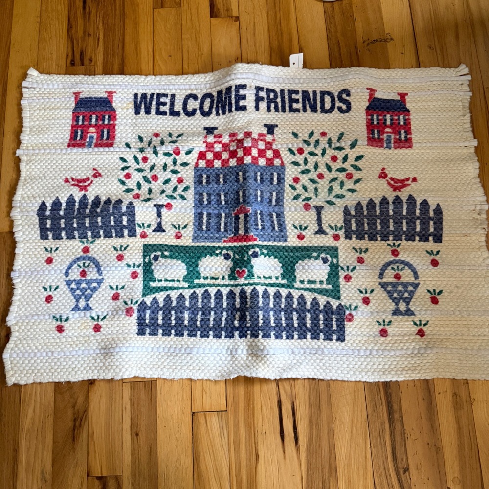 Vintage Welcome Friends Woven Rag Rug Americana Folk Art Sheep House 23x34